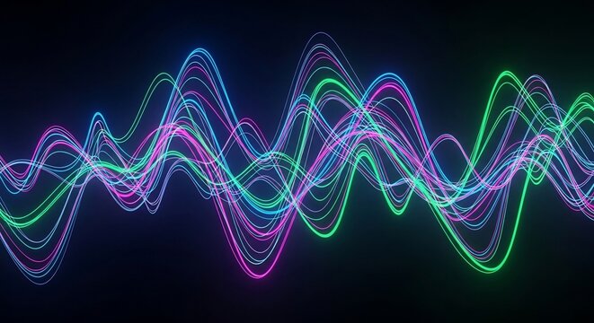 Intertwined Neon Light Trails Visualizing a Complex Digital Soundwave. - Powered by Adobe