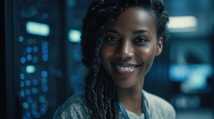 Smiling african female young adult in data center environment.