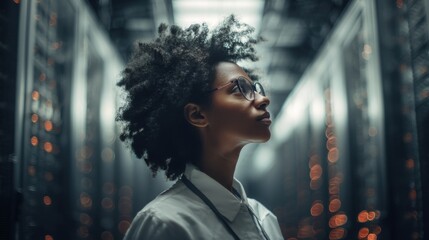 African female it professional in data center with servers and lighting.