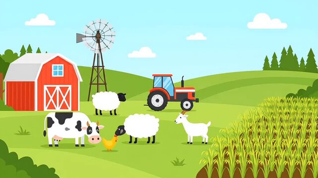 Rural agriculture illustration with farmhouse barn and livestock