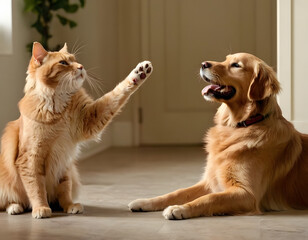 dog and cat playing, Happy dog and cat raising paws. Adorable golden retriever and tabby cat raise their paws in playful greeting