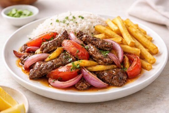 Photorealistic Peruvian dish lomo saltado with stir fried beef red onions tomatoes served with rice and French fries on white ceramic plate traditional Latin American food soft daylight