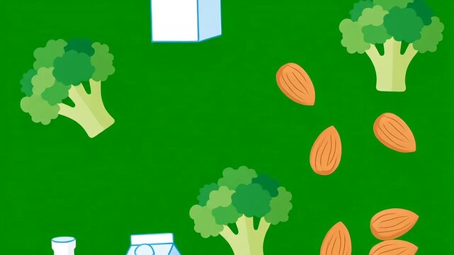 Flat vector food icons on green background: dairy, fish, broccoli and leafy greens