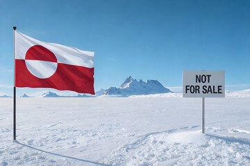 The image features the flag of Greenland waving in a snowy, mountainous landscape next to a white sign that reads "NOT FOR SALE" in bold black letters under a clear blue sky.