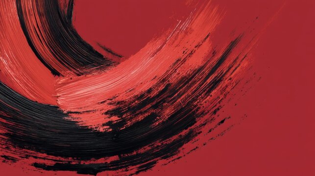Dynamic abstract brushstrokes in red and black paint on canvas.