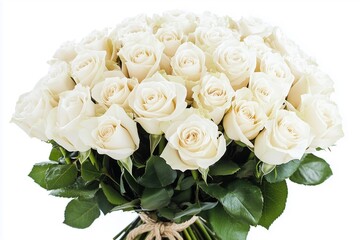 Obraz premium Elegant bouquet of white roses with green leaves on white background.