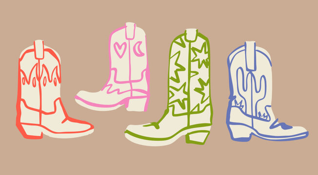 Various cowboy boots. Different ornaments. Wild West Clipart icons. Fire, flame, stars, cactus, heart, crescent prints. Hand drawn colorful Vector set. Isolated design elements
