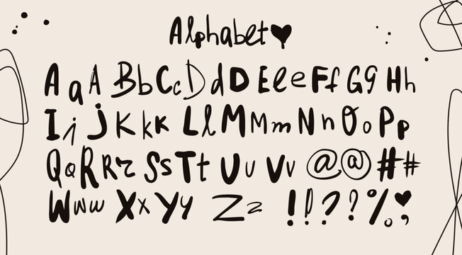 Doodle, ink, paint stroke, grunge, messy unique style Font. Cool elegant, modern Alphabet. Hand drawn Vector illustration. Every letter is isolated. Typography, lettering, calligraphy concept