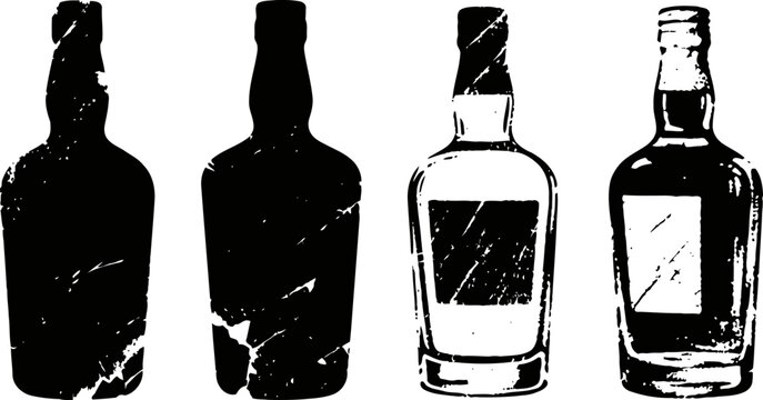 Silhouettes of four rustic glass liquor bottles with distressed textures