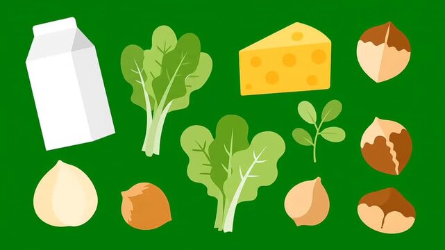 Flat vector food icons on green background: dairy, fish, broccoli and leafy greens