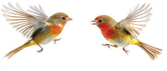 Fototapeta premium Two bright birds with outstretched wings in flight emphasise dynamism and freedom, making them ideal as a background for environmental posters or covers for books about nature.