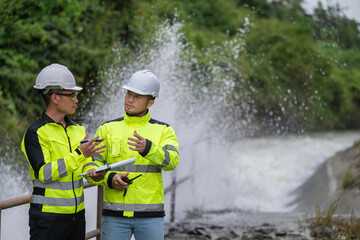 A engineering doing his checking routine. He is wearing hard hat and engineer uniform.Standing by the rail by the dam.Monitor water levels from the heavy rain that has been falling for several days.