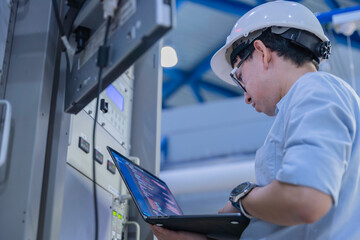Electrical engineer male checking voltage at the Power Distribution Cabinet in the control room,preventive maintenance Yearly,inspecting power system and control panel in industrial factory