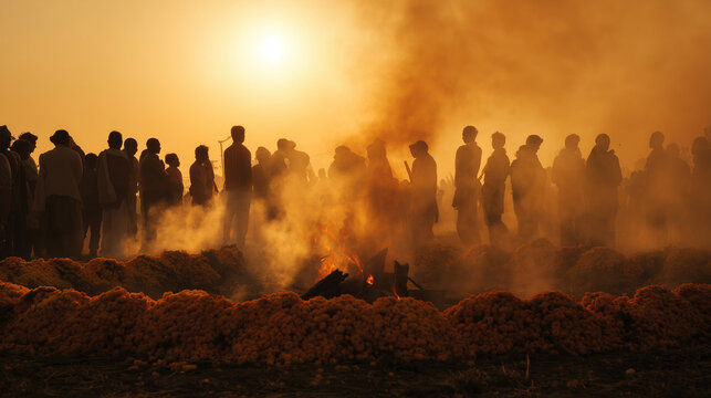 a Hindu funeral pyre ceremony at dawn, a large community gathered in silhouette around a small burning fire 
