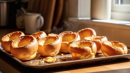 A baking tray of freshly baked yorkshire puddings on a wooden kitchen countertop with a blurred background perfect for British Yorkshire Pudding Day