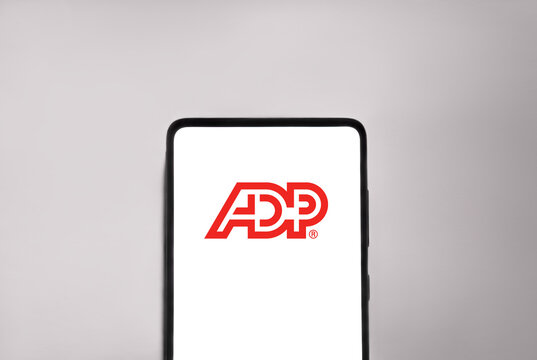ADP - Automatic Data Processing logo on smartphone screen. Link&ouml;ping, &Ouml;sterg&ouml;tland, Sweden. 01-26-2026.