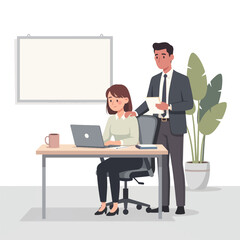 Business meeting and collaboration in office setting with man and woman working on laptop