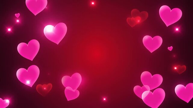 "Pink and red glowing hearts, vibrant gradient background, dreamy particles, romantic festive celebration"