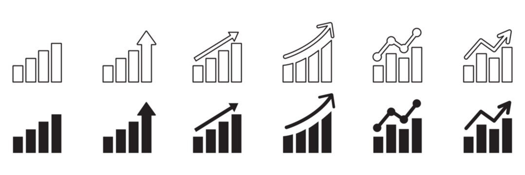 Growth icon set. Containing arrow up, growing graph, business chart icons. Vector illustration.