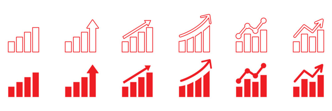 Growth icon set. Containing arrow up, growing graph, business chart icons. Vector illustration.