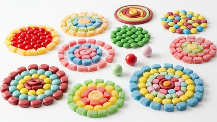 Colorful candy circles made of various sweets isolated on white background with scattered pieces perfect for Decorating With Candy Day