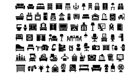 Fototapeta premium Home interior outline 100 icon set. Furniture and house decoration icons and more symbols. Editable stroke. Vector illustration