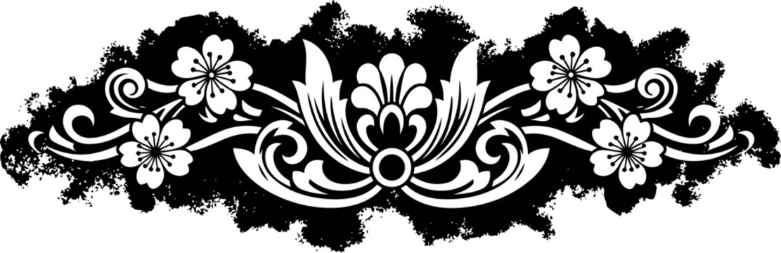 floral ornamental border design with decorative leaves and stylized flowers in black and white