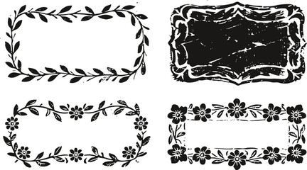 Obraz premium Four decorative vintage floral and leaf frames and borders with grunge texture design elements