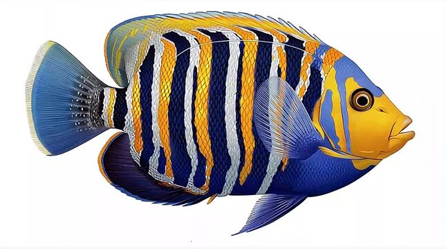Vibrant illustration of a fish with blue, yellow, and black stripes swimming in the ocean from a side viewpoint