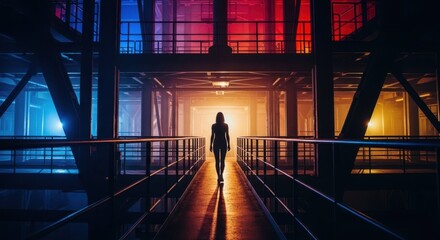 Person walks through futuristic tunnel, silhouette illuminated by vibrant glowing lights. Metal structure forms dramatic shadows, blue, red, yellow hues define futuristic tunnel.