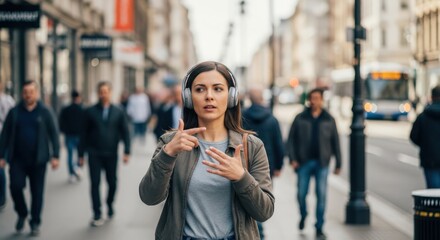 Fototapeta premium Urban lifestyle woman with headphones walking on busy city street. Young urban lifestyle woman immersed in sound, navigating urban environment among blurred people.