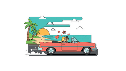 Vintage convertible car driving on a tropical beach at sunset.