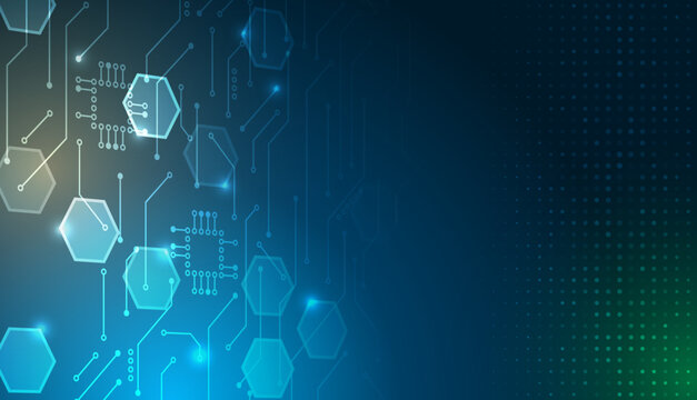 Abstract technology background with glowing hexagons, circuit lines and microchip elements in blue and green tones, ideal for digital, science, innovation and high-tech design concepts.