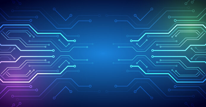 Abstract futuristic technology background with symmetrical glowing circuit lines on a blue gradient. Concept of digital communication, data transfer, AI systems and high-tech innovation.