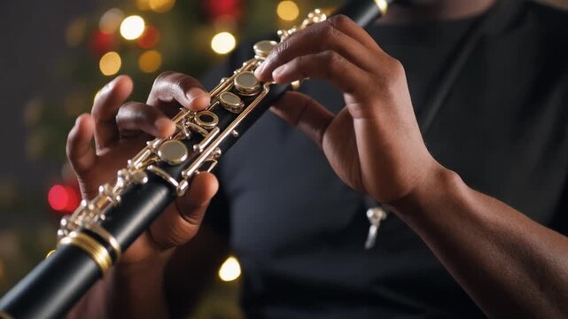 "Person playing clarinet, close-up hands, Christmas lights background, holiday music performance scene"