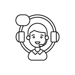Fototapeta premium Professional Call Center Agent Outline Icon Vector Illustration – Dedicated Customer Support Operator with Headset and Speech Bubble for Helpdesk and Telemarketing Services.