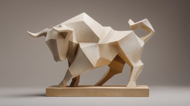 Geometric bull sculpture in polished stone with dynamic design.