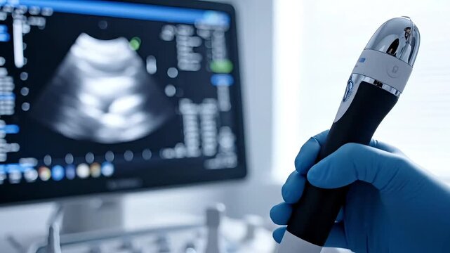 Medical professional holding ultrasound probe with scan on monitor in modern clinic