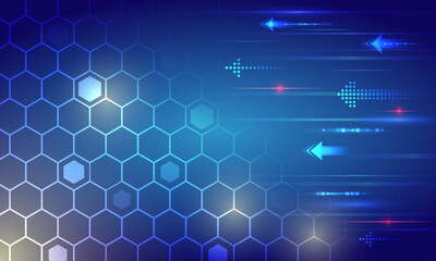 Abstract futuristic technology background with glowing hexagonal grid and dynamic arrows, representing data flow, digital networks, innovation, and high-speed information exchange.