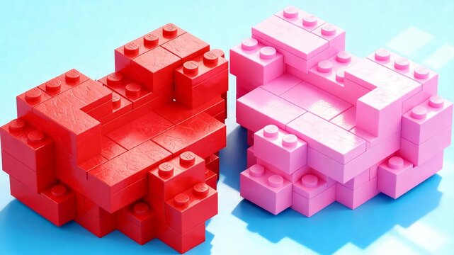 Building a Relationship Concept Featuring Two Heart Shapes Made of Red and Pink Interlocking Toy Bricks on Bright Blue Background