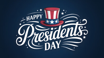 Happy presidents day greeting with patriotic uncle sam hat and stars on blue background