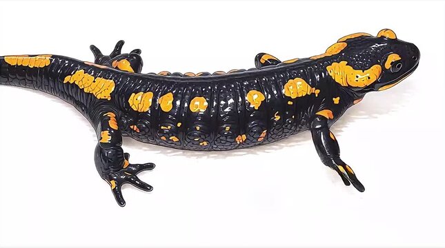 A salamander with black and yellow spots is viewed from the side on a plain background