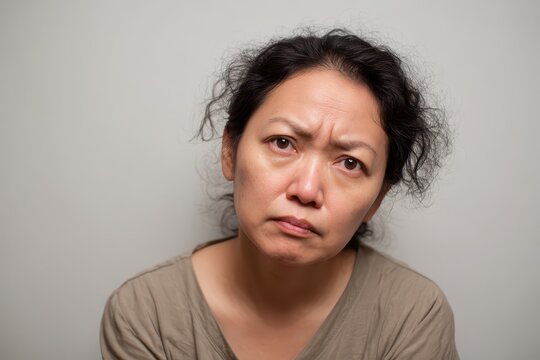 Expressive close-up of an Asian woman with a stern gaze and tight lips in controlled studio lighting