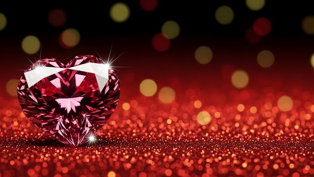 Sparkling red heart on glittering red background with bokeh lights