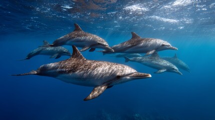 Fototapeta premium Group of bottlenose dolphins swimming underwater in blue ocean near Wolf Island, Galapagos.