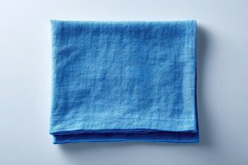 Flat lay blue fabric napkin on plain white backdrop with soft studio lighting