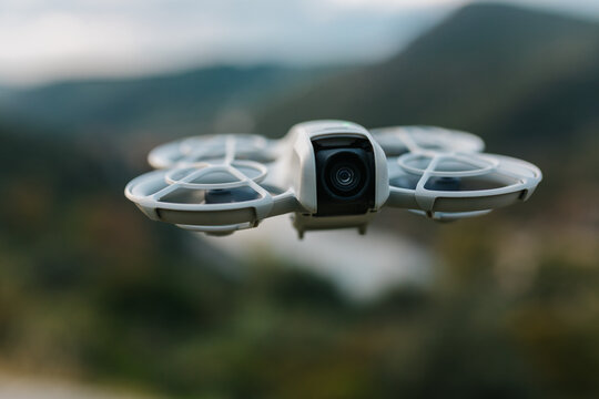 Drone capturing scenic view in flight