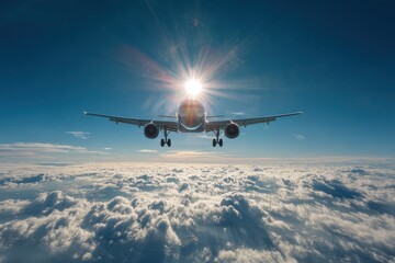 An airplane soars majestically through the clouds toward the sun, evoking a sense of adventure and freedom. The airplane's perspective creates a feeling of travel and journey