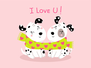 Cute romantic dalmatian dogs hugging in green scarf with hearts on soft pink background. Valentine's Day greeting card with adorable animals. Flat vector illustration.