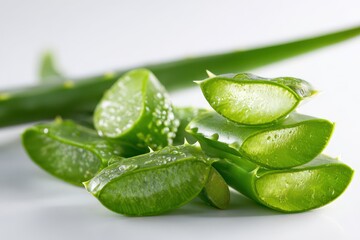 Fresh aloe vera leaves with sliced pieces on a clean white background